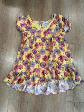 True Craft Yellow Floral Boho Babydoll Top Gauze V Neck Puff Sleeve Size M